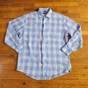 Bergdorf Goodman Men XL Blue Plaid Linen Shirt Tailored Fit